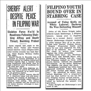 Two newspaper clippings. One headline says Sheriff Alert Despite Peace in Filipino War. the other says Filipino Youth Bound Over in Stabbing Case. 